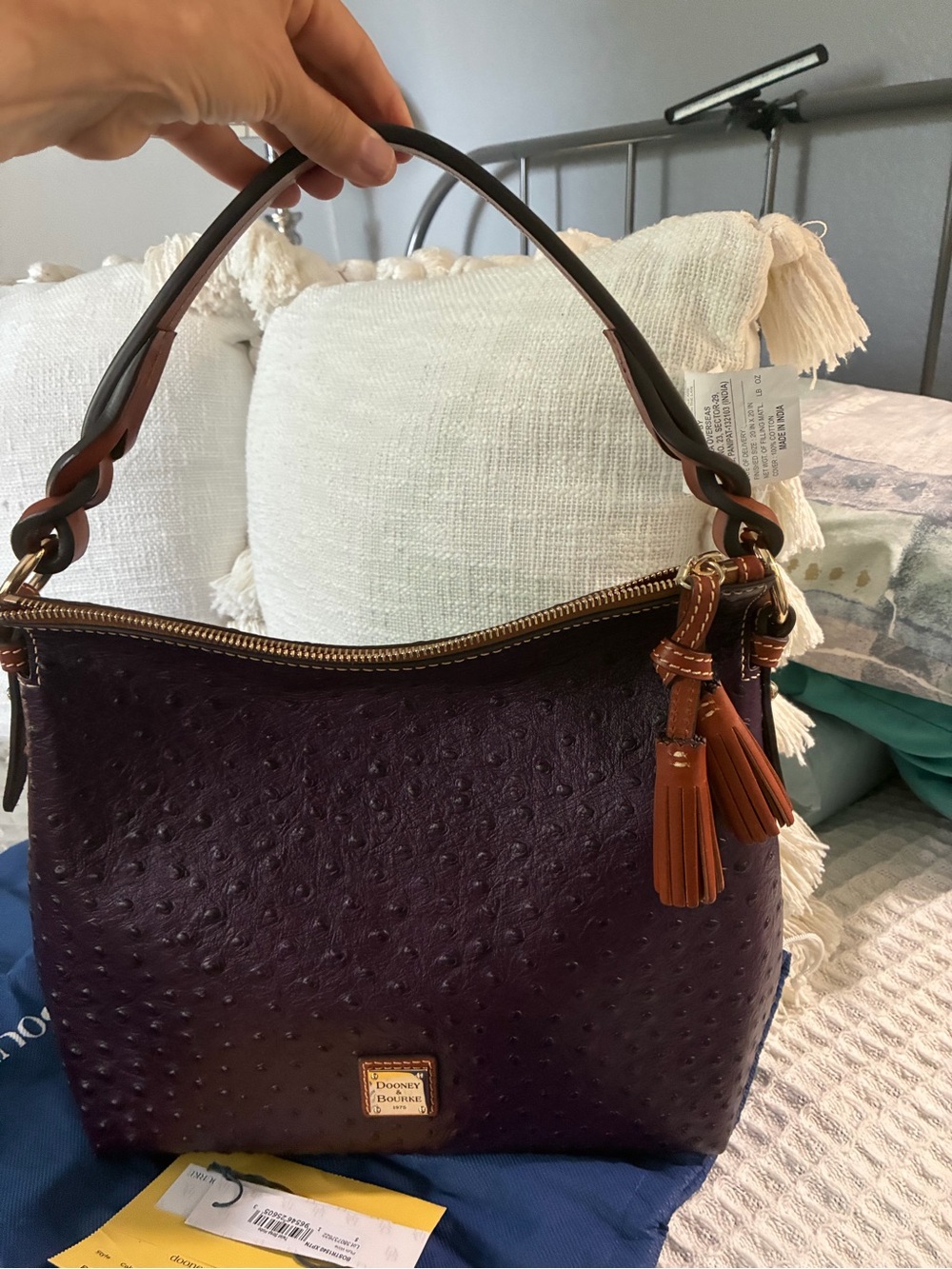 NWT Dooney & Bourke Plum Leather Shoulder Bag with Tan Tassels